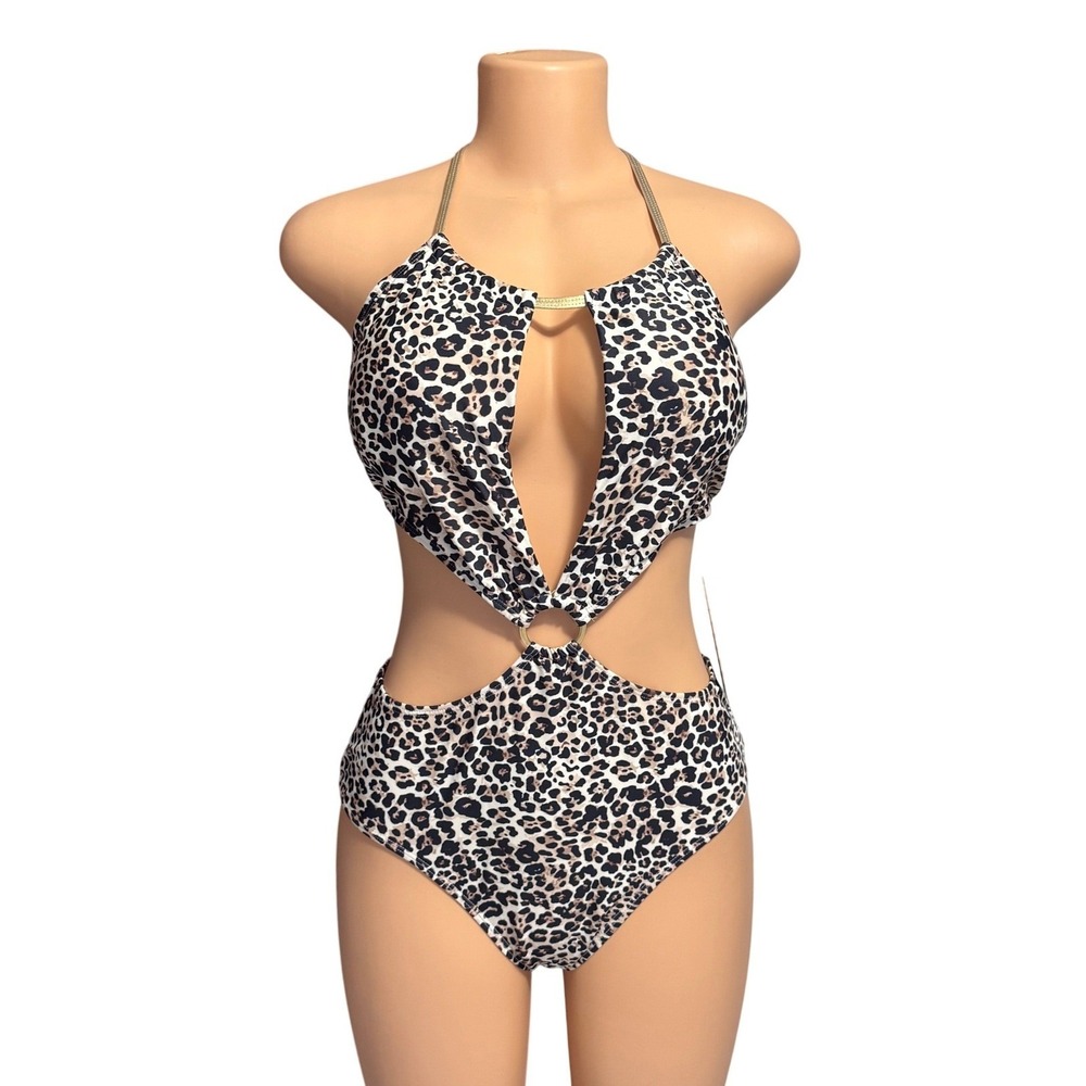 Tahari Leopard‎ Print Cutout Monokini One Piece Swimsuit Gold Hardware XL NWT